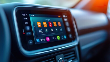 Close-up of a touchscreen car display, infotainment, navigation, modern