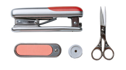Essential office tools including a stapler, scissors, and tape on a white background.