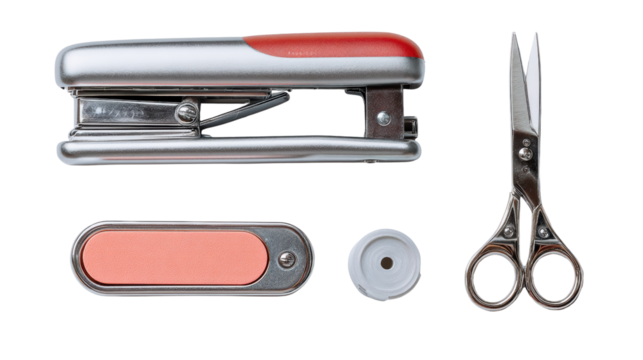 Essential office tools including a stapler, scissors, and tape on a white background.