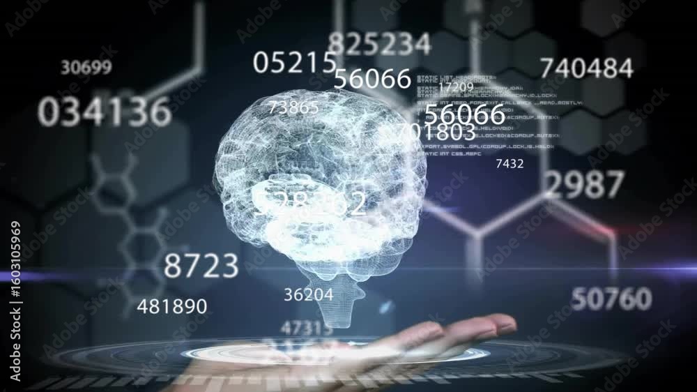 Poster hand appearing initiating wireframe brain projecting neural data, numbers orbiting rotating brain