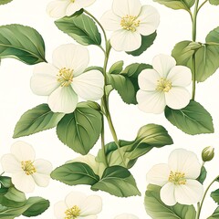 Delicate white flowers and foliage in a detailed botanical illustration.