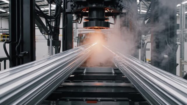 Metal tubes are being treated on an industrial machine in a factory setting with steam or vapor rising from the metal.