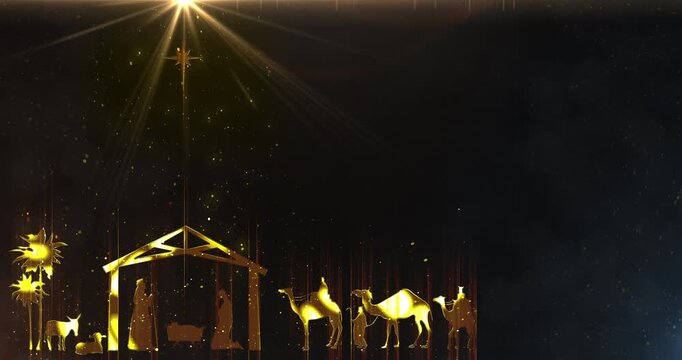Bright Christmas scene animation with light particles Joseph and Mary praying in the manger. Seamless Loop of Nativity Christmas story under big star. 4k