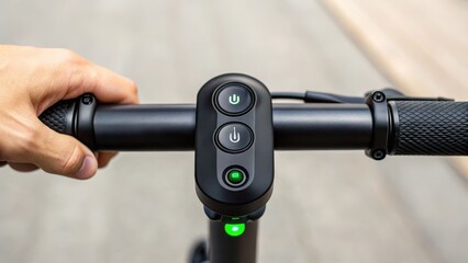 Conscious consumerism concepts, Hand gripping an electric scooter handlebar with control buttons visible.