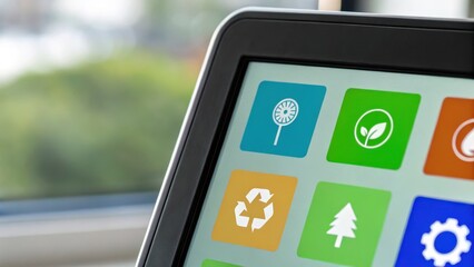 Conscious consumerism concepts, Touchscreen interface displaying eco-friendly icons with a blurred outdoor background.