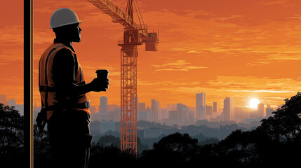 Crane Operator at Sunset Over City Skyline with Control Panel and Coffee