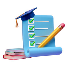 3D illustrationChecklist of accomplishments completed with graduation cap and pencil