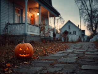 Obraz premium Glowing carved Halloween pumpkin sitting beside a house