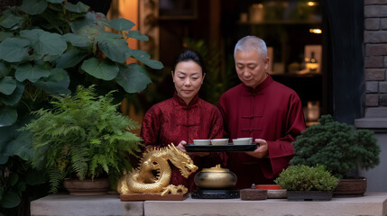 Traditional Chinese Tea Ceremony with Elderly Couple in Qipaos