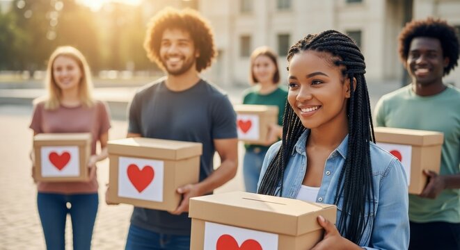 Diverse Group Donating Boxes Outdoors