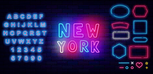 Fototapeta premium New York neon label. USA city. Colorful handwritten text. Glowing advertising. Shiny blue font. Vector illustration