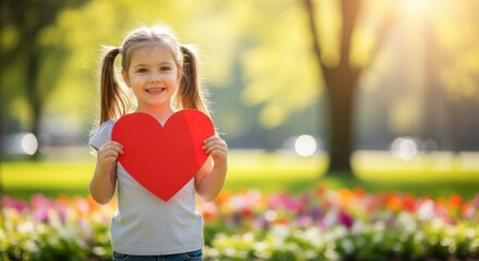 Happy Girl Holding Red Heart In Park