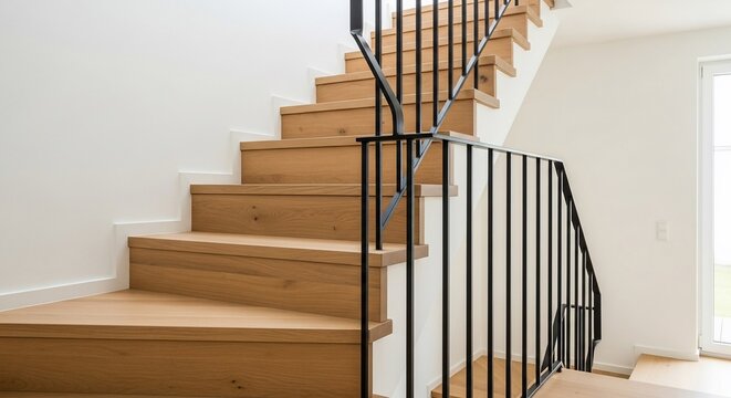 A modern wooden staircase with a black metal banister ascending against a white wall in a contemporary home.