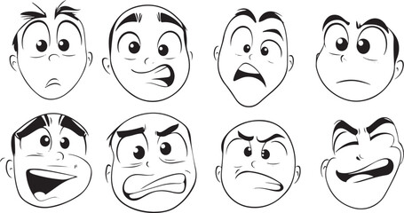 Cartoon Faces Expressing Different Emotions in Black and White Line Art