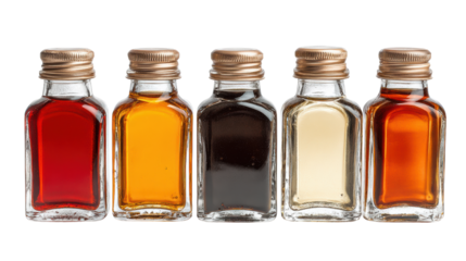 Glass bottles of various syrups on a transparent background