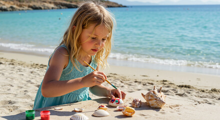 Young girl joyfully painting seashells on a sunny beach with blue ocean waves in the background creating art