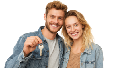 Happy couple celebrating new home ownership with keys, bright smiles and denim jackets, white isolate background.