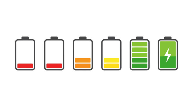 Visual representation of battery charge levels from empty to full illustrating power status and energy consumption