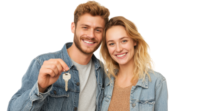 Happy couple celebrating new home ownership with keys, bright smiles and denim jackets, white isolate background.