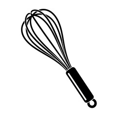 A simple black and white illustration of a kitchen whisk with a black handle ready for baking or cooking