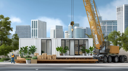Modular Building Assembly with Workers and Crane in Urban Environment