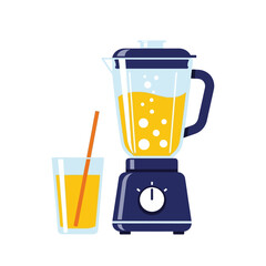 A vibrant illustration of a modern blue blender filled with a frothy yellow beverage next to a glass of juice