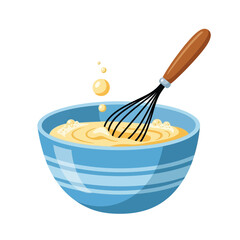 A whisk with a wooden handle is actively mixing a smooth creamy batter in a bright blue striped bowl