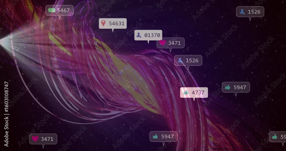Poster light source emitting ribbons flowing with data icons updating social metrics and fading into stars