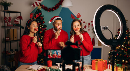 Three diverse friends in red sweaters and festive headbands pose with whimsical Christmas props, recording content with a smartphone on a tripod and a ring light, surrounded by holiday decorations.