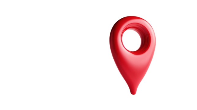 Red location pin icon, white isolated background.