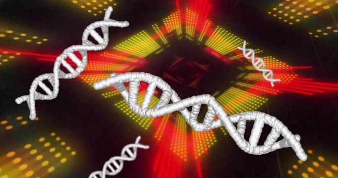 Dot matrix pulsing launching white DNA helix rotating, drifting to show genetics in 3D render