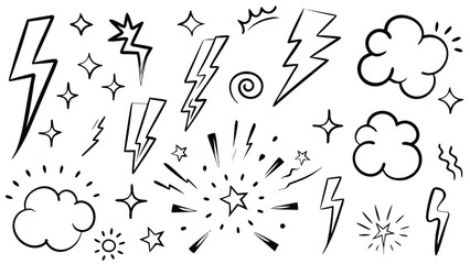 Lightning Bolt & Weather Doodle Icons – Storm, Clouds, Sparks, and Energy Set