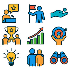 Leadership Icon Set. Flat vector icons of leadership and motivation: inspiring speech, leader with flag, guiding hand, trophy for