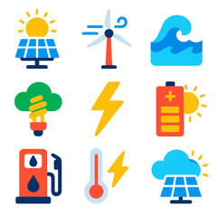 Vibrant Energy Icons. Flat vector icons of energy and weather: solar panel under sun, wind turbine in breeze, hydroelectric wave,