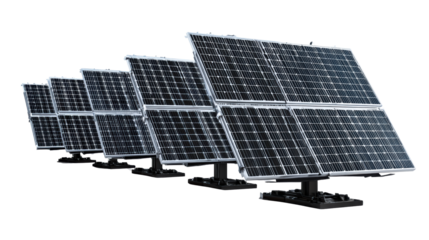 Solar panels in a row, showcasing renewable energy technology on a white isolated background.