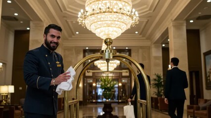 An employee carefully cleans a luggage cart in an upscale hotel lobby filled with elegant decor