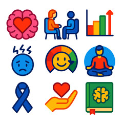 Mental Health Icons. Flat vector icons of mental health: brain with heart, therapy session, stress level chart, anxiety symbol,