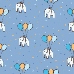 Cute Repeat Pattern with Elephant and Balloons, Hand Drawn, Doodle, Simple Pattern with Elephant and Confetti, Festive, EPS 10, Vector