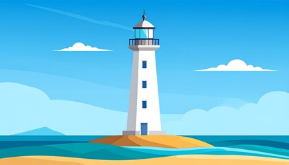 Isolated white lighthouse on tiny sandy island amidst tranquil blue waterscape