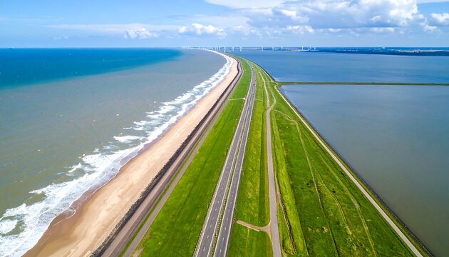 Aerial view of the Afsluitdijk: Iconic Dutch sea defense with road and landscape
