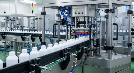 Automated Bottling Line Filling and Capping White Plastic Bottles in a Clean Pharmaceutical Manufacturing Facility Conveyor Belt System