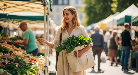 A smiling woman happily shops for fresh, organic produce at a bustling outdoor farmers market, carrying a reusable bag full of leafy greens.