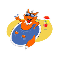 Funny cartoon fox relaxing in the pool, wearing sunglasses, laughing and showing thumbs up, with a cocktail nearby. Summer vacation and leisure vector illustration.