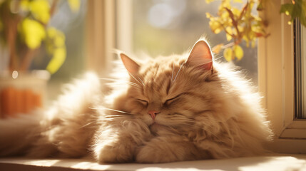 Cute fluffy cat sleeping on window sill basking in sunlight pet animal domestic feline adorable ginger cat nap time
