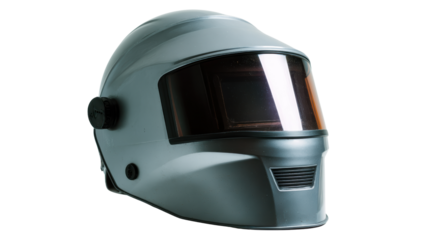 Welding helmet, professional safety gear for metalwork on a white isolated background.
