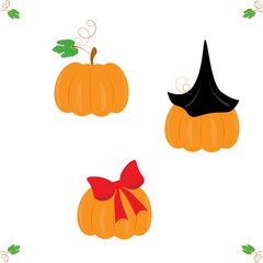 Vector set of orange pumpkins with a leaf in a hat and a bow. Thanksgiving and Halloween concept.