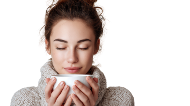 Young woman enjoying a warm drink while relaxing at home in a cozy sweater.