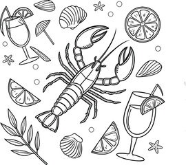 Mediterranean Sketch, Lemons, Seafood & Coastal Decor, Elements in Monochrome and Orange, Orange Mid-Century Gallery Vector Set – Abstract Line Art & Shapes for Premium Art Projects