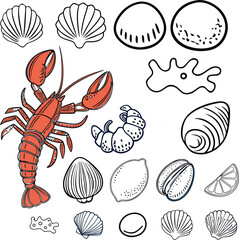 Mediterranean Sketch, Lemons, Seafood & Coastal Decor, Elements in Monochrome and Orange, Orange Mid-Century Gallery Vector Set – Abstract Line Art & Shapes for Premium Art Projects