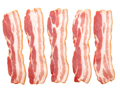 Stacked raw bacon slices, showcasing texture and marbling, isolated on a pure white background.